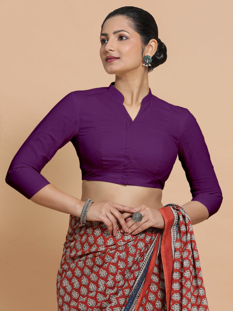 Minal x Rozaana | Mandarin Collar Magenta Bliss Plain Cotton Saree Blouse-Binks