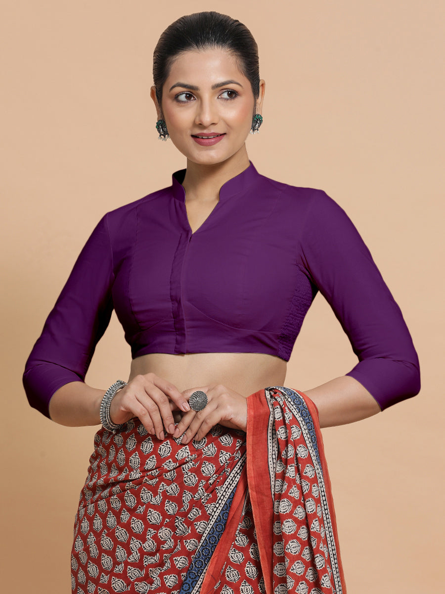 Minal x Rozaana Saree Blouse, in Purple Cotton, featuring three quarter sleeves and mandarin collar neckline (view 8).