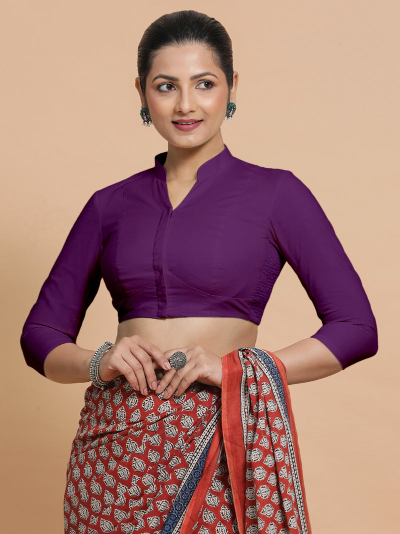 Minal x Rozaana | Mandarin Collar Magenta Bliss Plain Cotton Saree Blouse-Binks