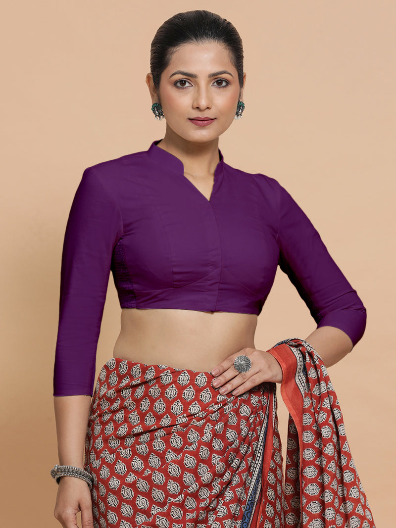 Minal x Rozaana | Mandarin Collar Magenta Bliss Plain Cotton Saree Blouse-Binks