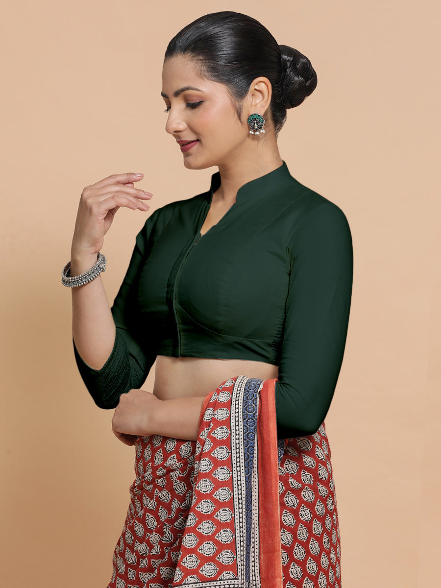 Minal x Rozaana Saree Blouse, in Green Cotton, featuring three quarter sleeves and mandarin collar neckline.