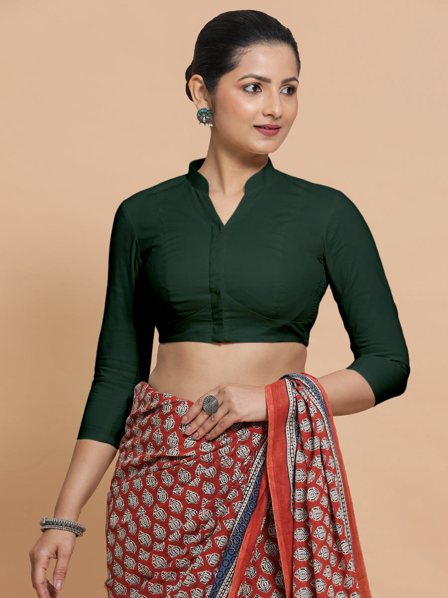 Minal x Rozaana Saree Blouse, in Green Cotton, featuring three quarter sleeves and mandarin collar neckline (view 5).