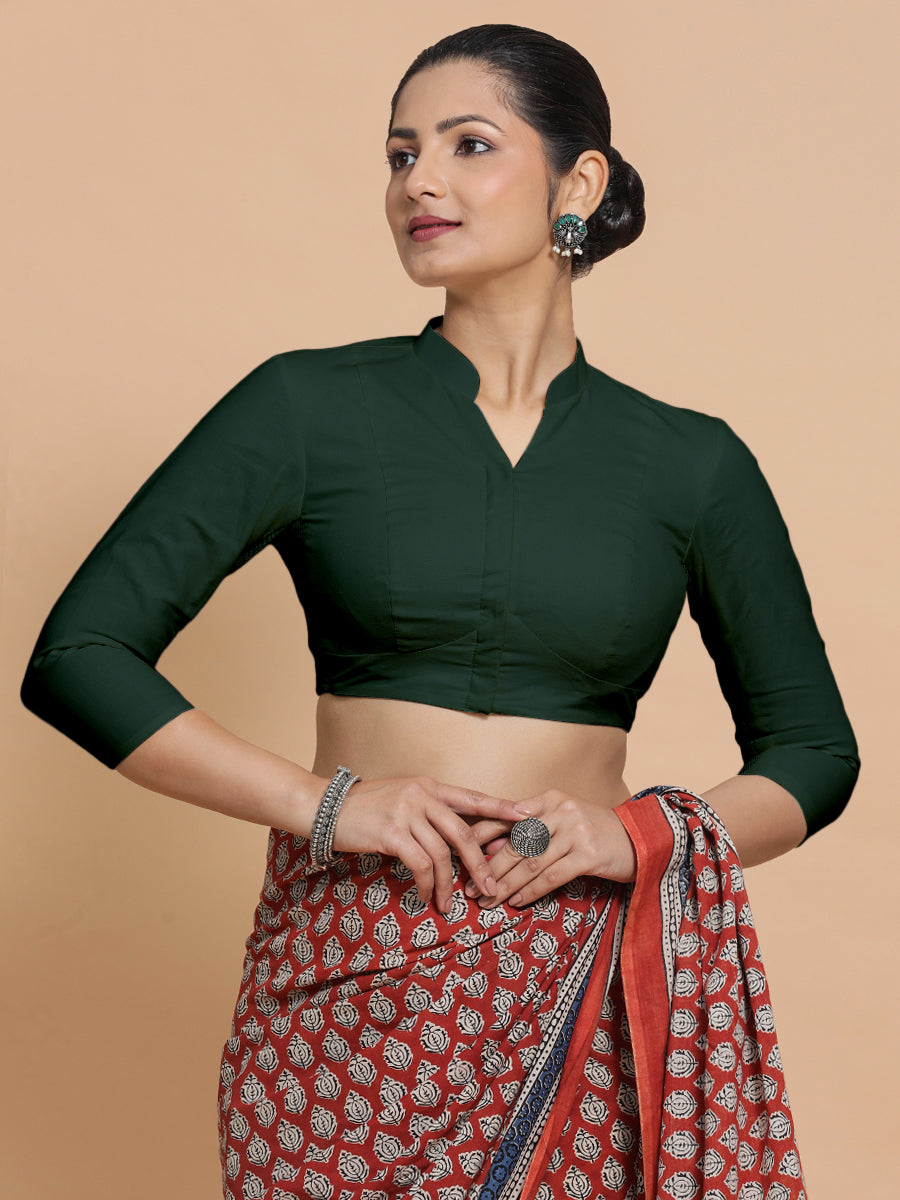 Minal x Rozaana Saree Blouse, in Green Cotton, featuring three quarter sleeves and mandarin collar neckline (view 6).