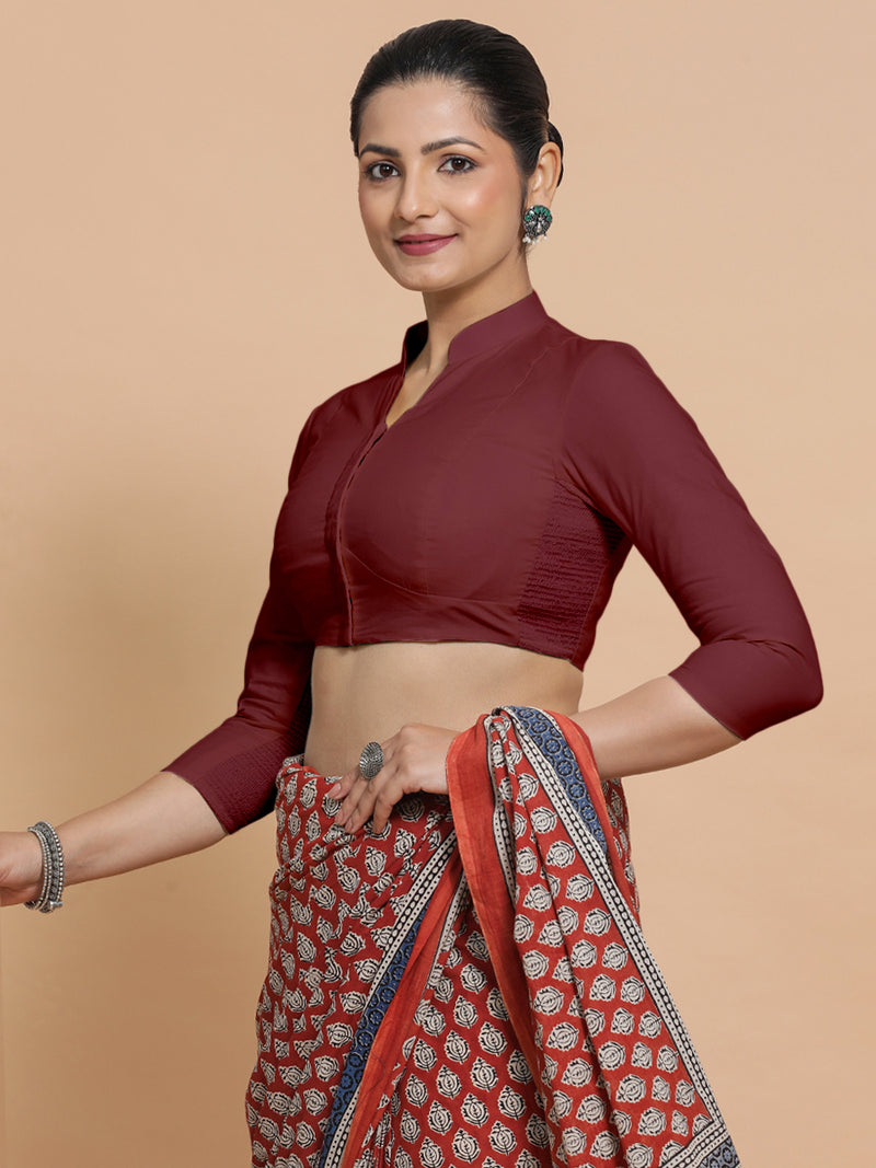 Minal x Rozaana | Mandarin Collar Royal Maroon Plain Cotton Saree Blouse-Binks