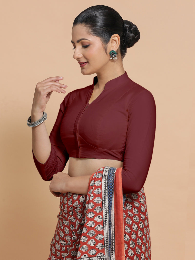 Minal x Rozaana | Mandarin Collar Royal Maroon Plain Cotton Saree Blouse-Binks