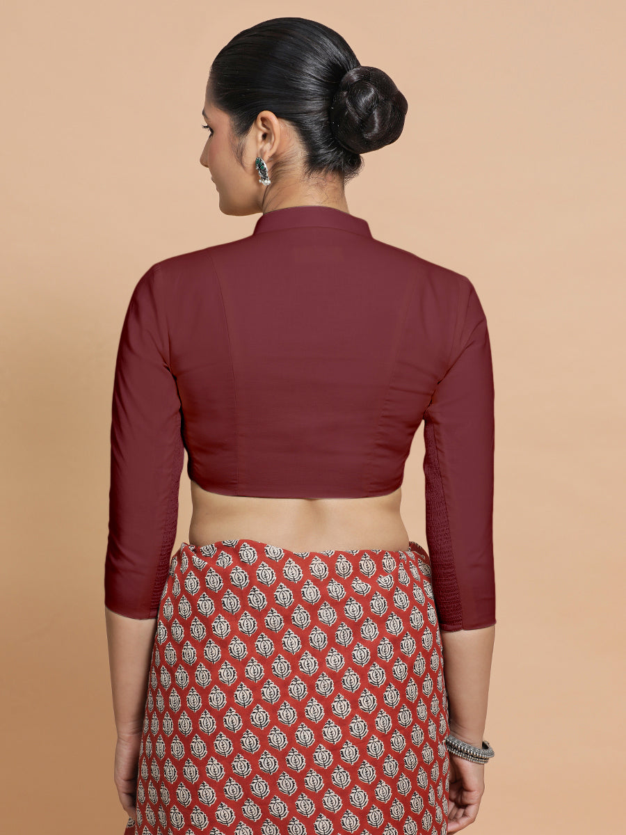 Minal x Rozaana Saree Blouse, in Maroon Cotton, featuring three quarter sleeves and mandarin collar neckline (view 2).