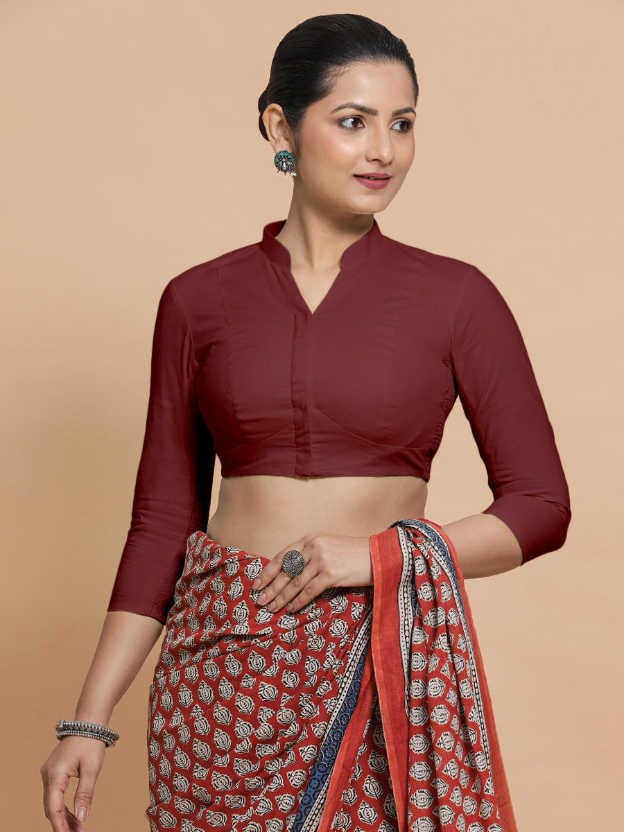 Minal x Rozaana Saree Blouse, in Maroon Cotton, featuring three quarter sleeves and mandarin collar neckline (view 5).