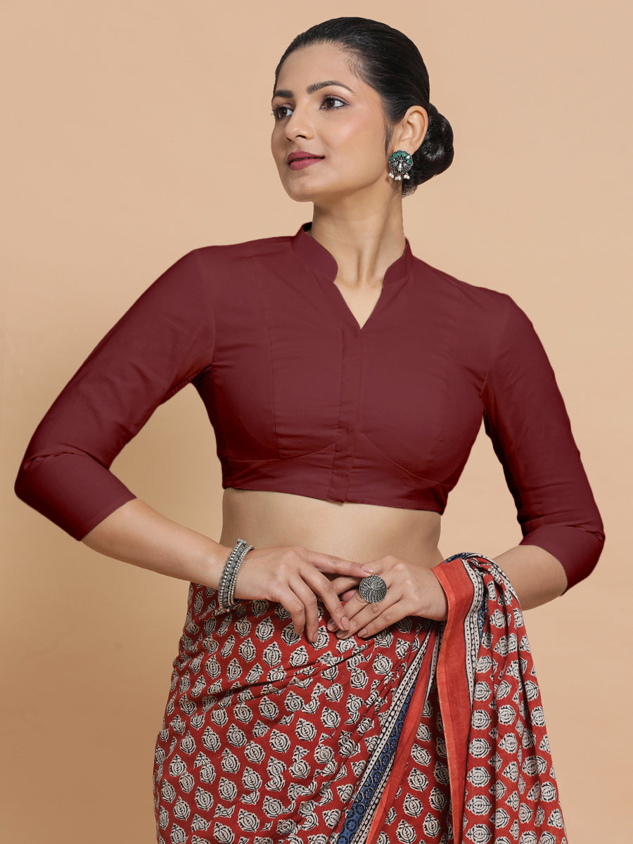 Minal x Rozaana Saree Blouse, in Maroon Cotton, featuring three quarter sleeves and mandarin collar neckline (view 6).