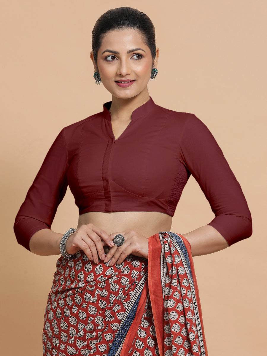 Minal x Rozaana Saree Blouse, in Maroon Cotton, featuring three quarter sleeves and mandarin collar neckline (view 8).