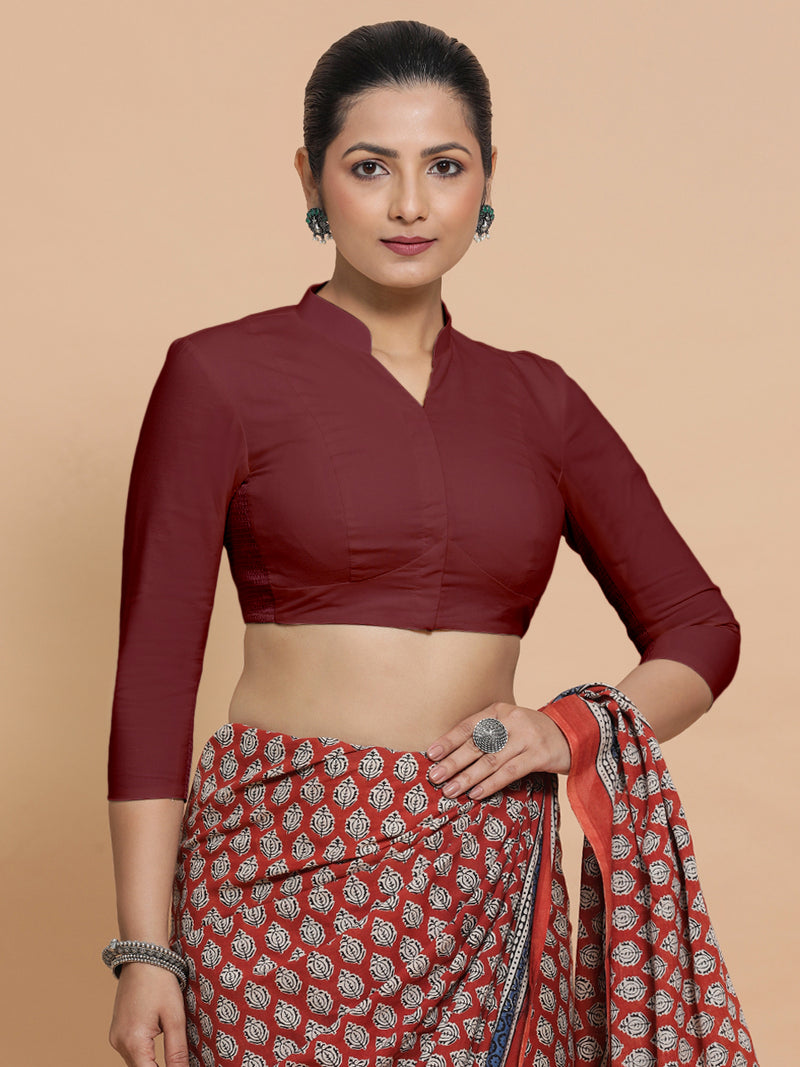 Minal x Rozaana | Mandarin Collar Royal Maroon Plain Cotton Saree Blouse-Binks