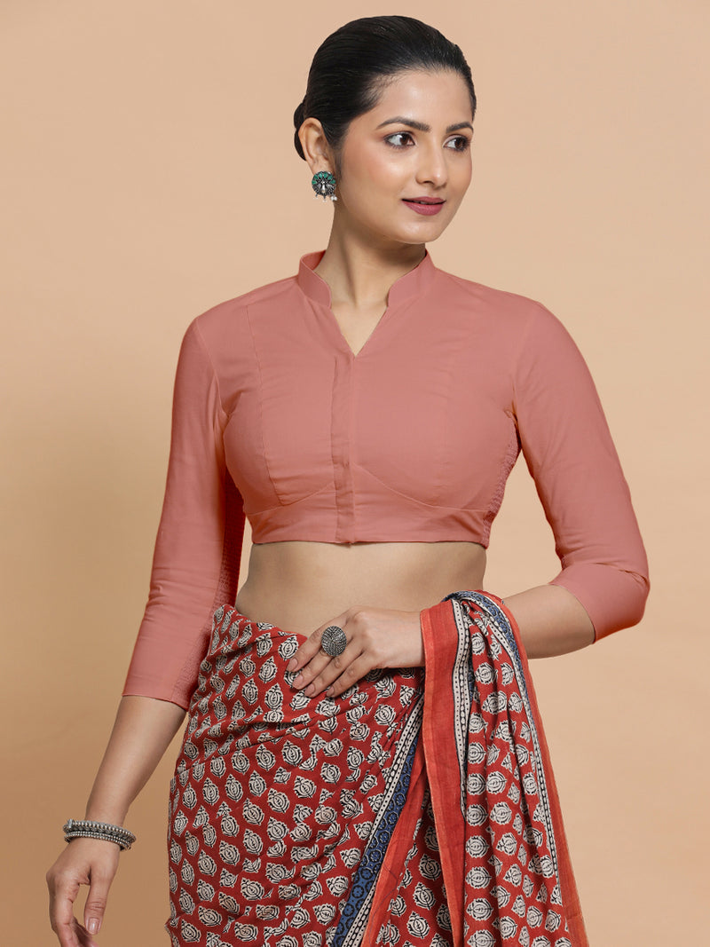 Minal x Rozaana | Mandarin Collar Soft Peach Plain Cotton Saree Blouse-Binks