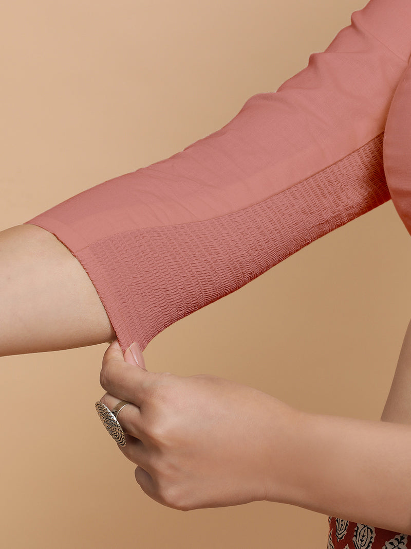 Minal x Rozaana | Mandarin Collar Soft Peach Plain Cotton Saree Blouse-Binks