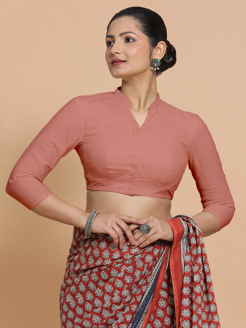 Minal x Rozaana | Mandarin Collar Soft Peach Plain Cotton Saree Blouse-Binks
