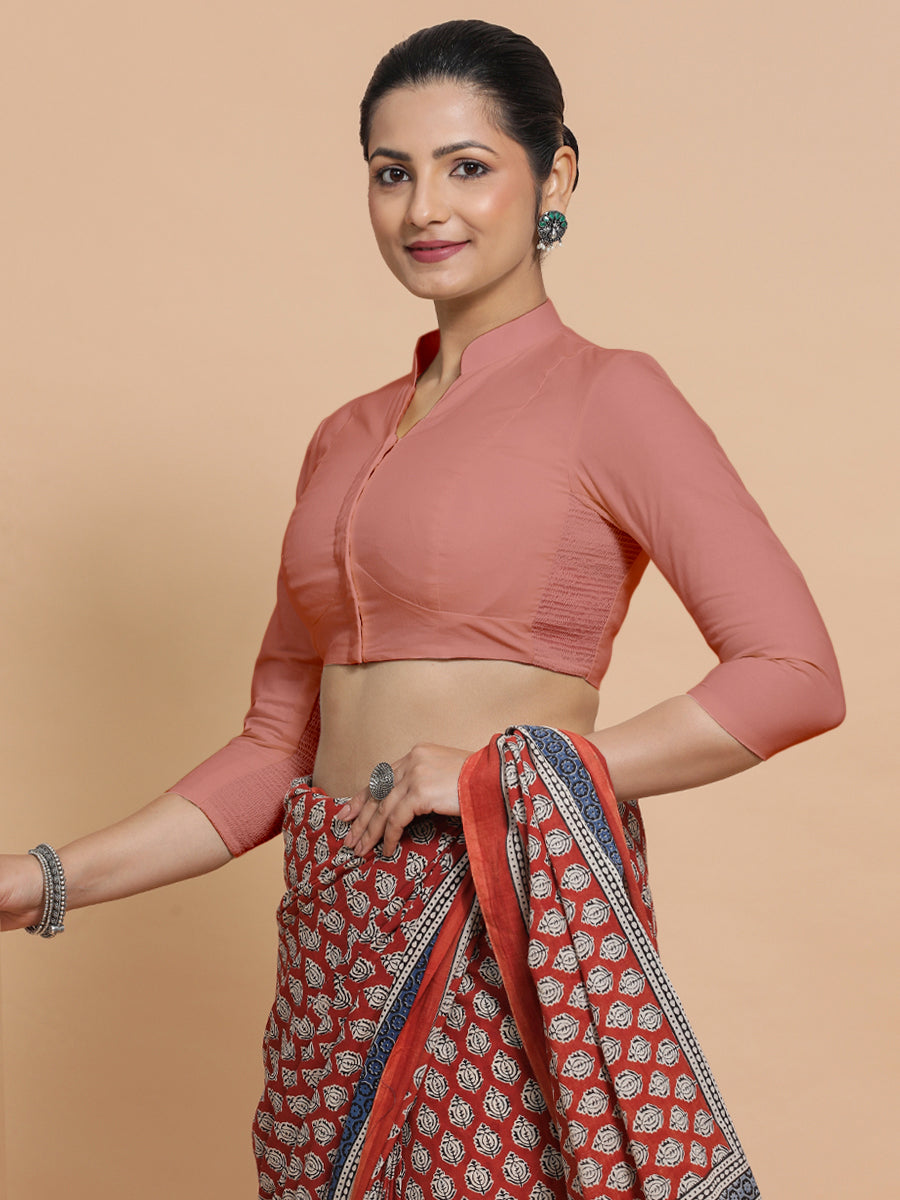 Minal x Rozaana Saree Blouse, in Peach Cotton, featuring three quarter sleeves and mandarin collar neckline (view 8).