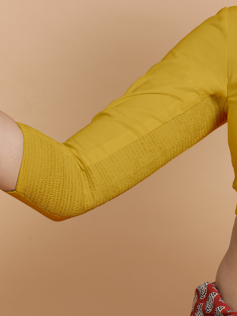 Minal x Rozaana | Mandarin Collar Sunny Yellow Plain Cotton Saree Blouse-Binks