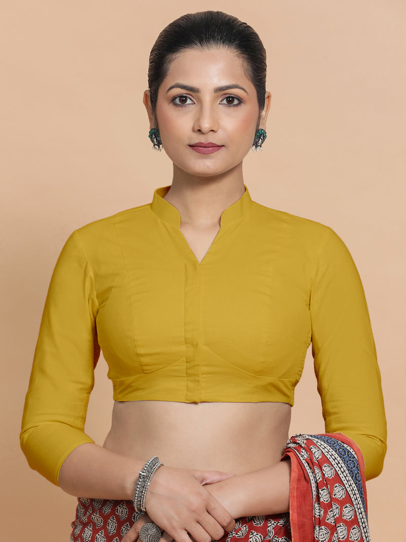 Minal x Rozaana | Mandarin Collar Sunny Yellow Plain Cotton Saree Blouse-Binks
