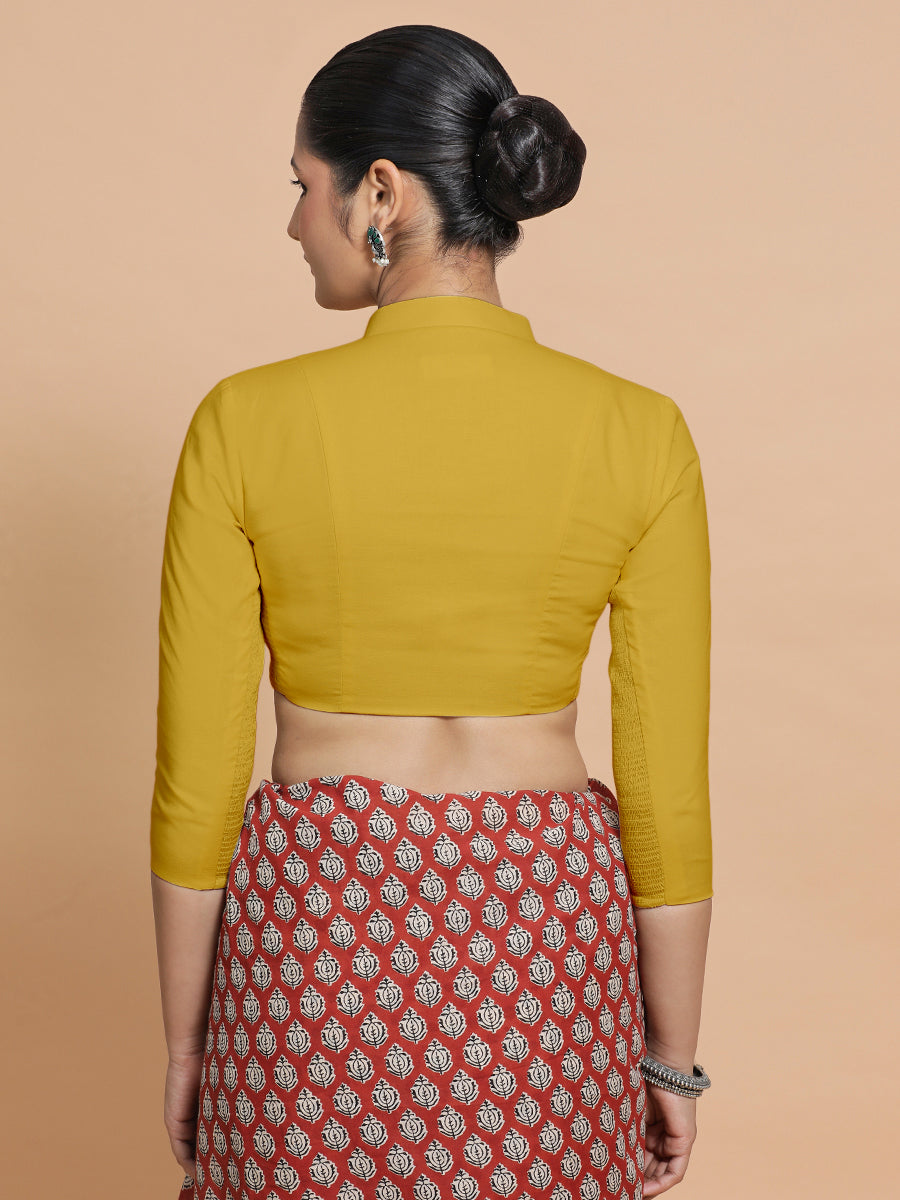 Minal x Rozaana Saree Blouse, in Yellow Cotton, featuring three quarter sleeves and mandarin collar neckline (view 2).