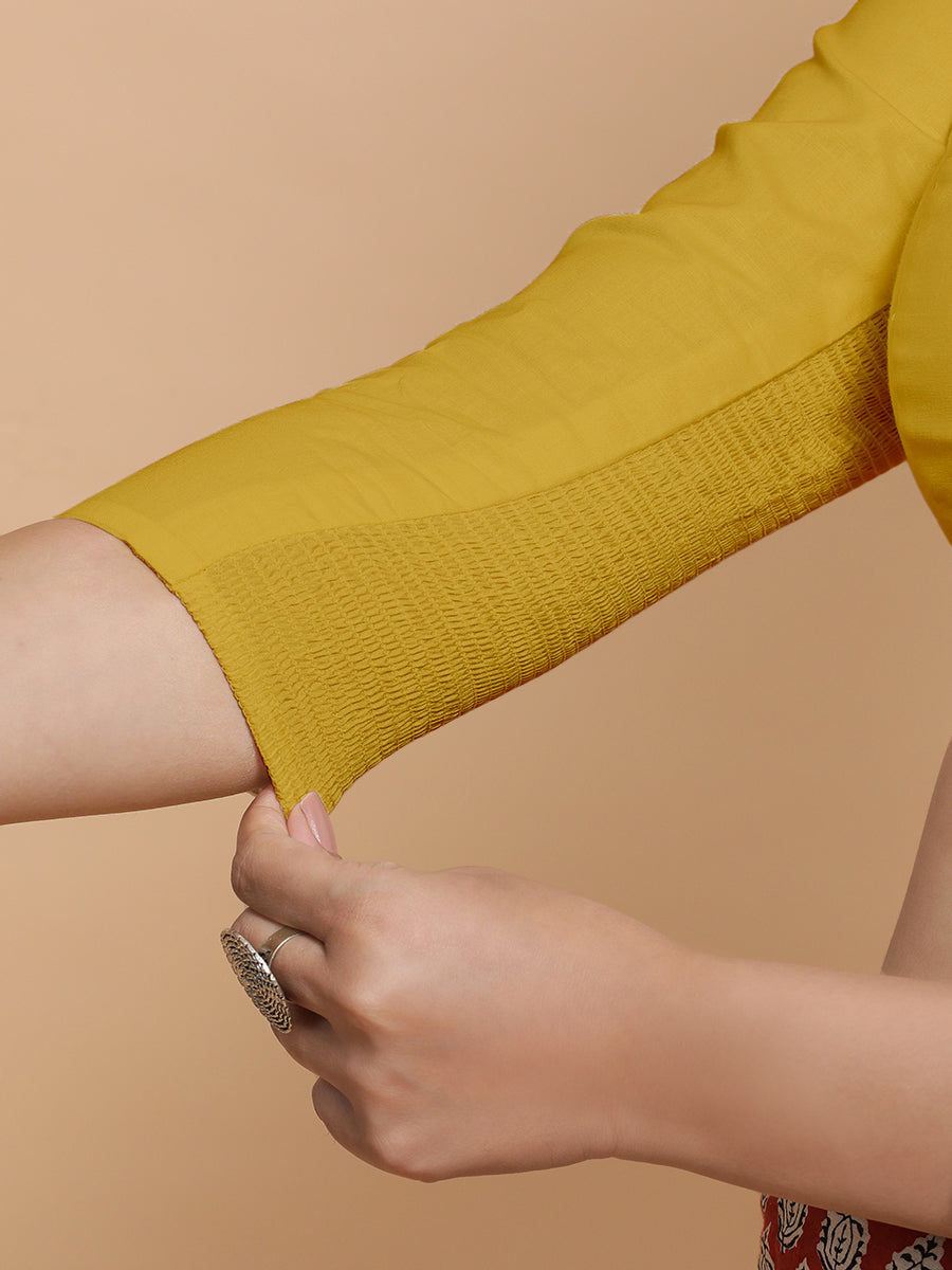 Minal x Rozaana Saree Blouse, in Yellow Cotton, featuring three quarter sleeves and mandarin collar neckline (view 4).