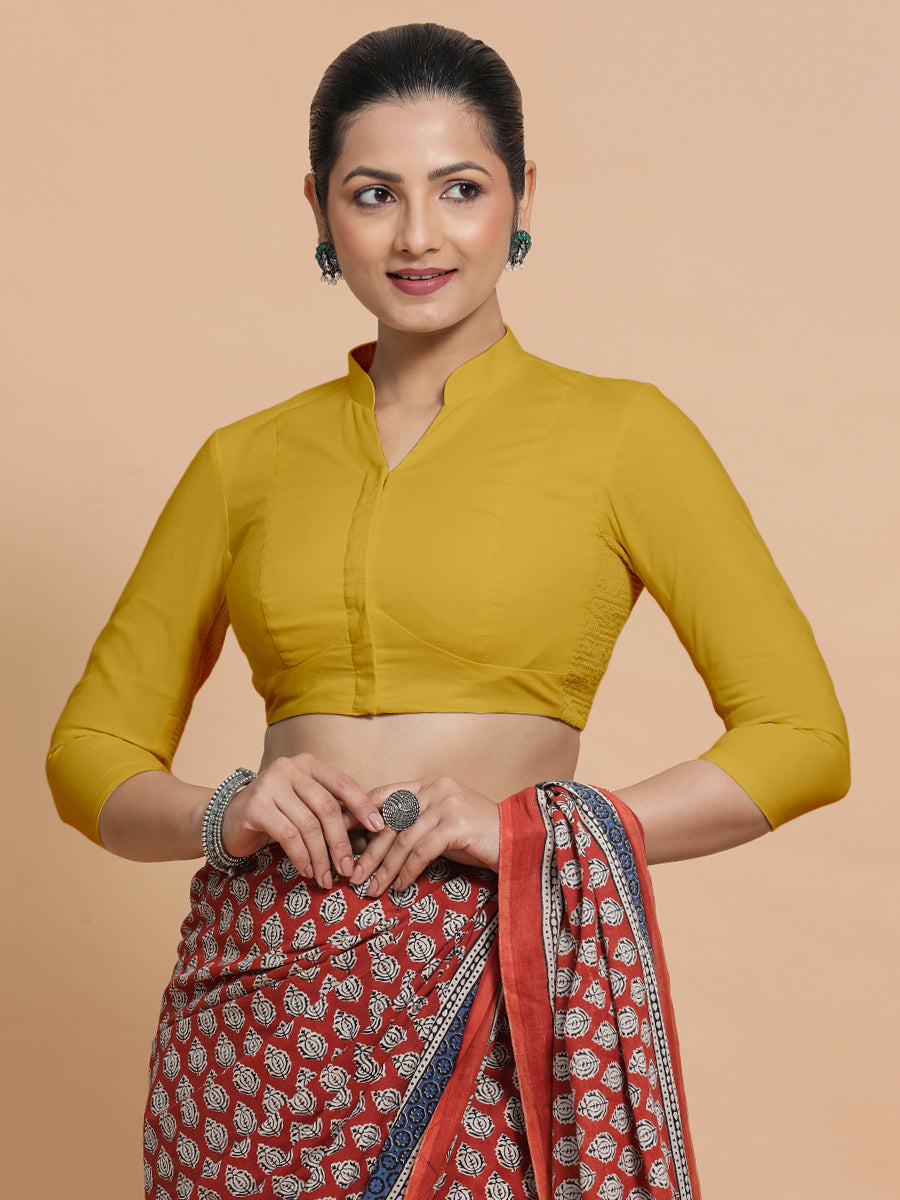 Minal x Rozaana Saree Blouse, in Yellow Cotton, featuring three quarter sleeves and mandarin collar neckline (view 7).
