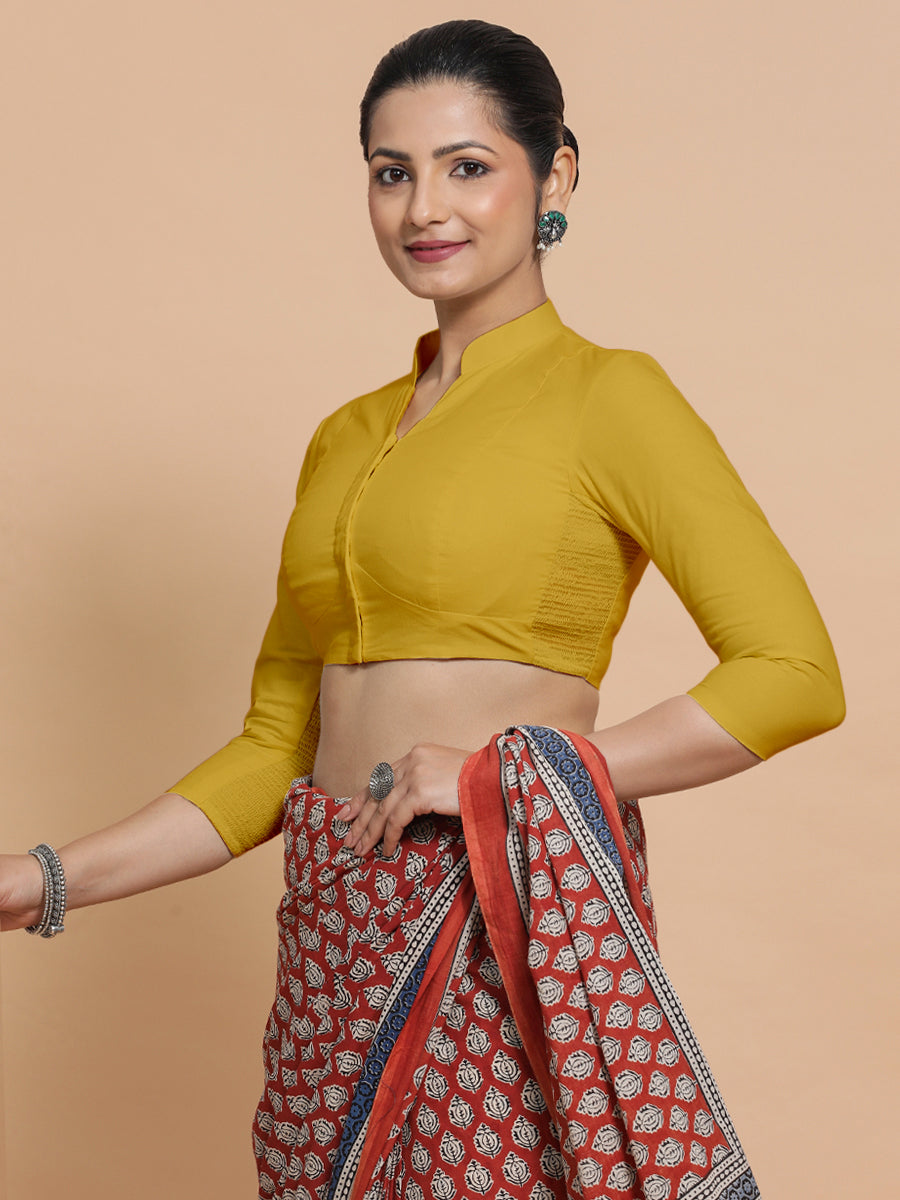 Minal x Rozaana Saree Blouse, in Yellow Cotton, featuring three quarter sleeves and mandarin collar neckline (view 8).