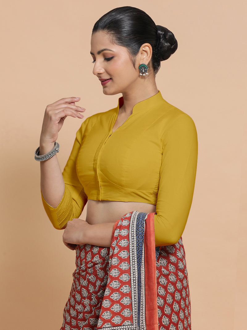 Minal x Rozaana | Mandarin Collar Sunny Yellow Plain Cotton Saree Blouse-Binks