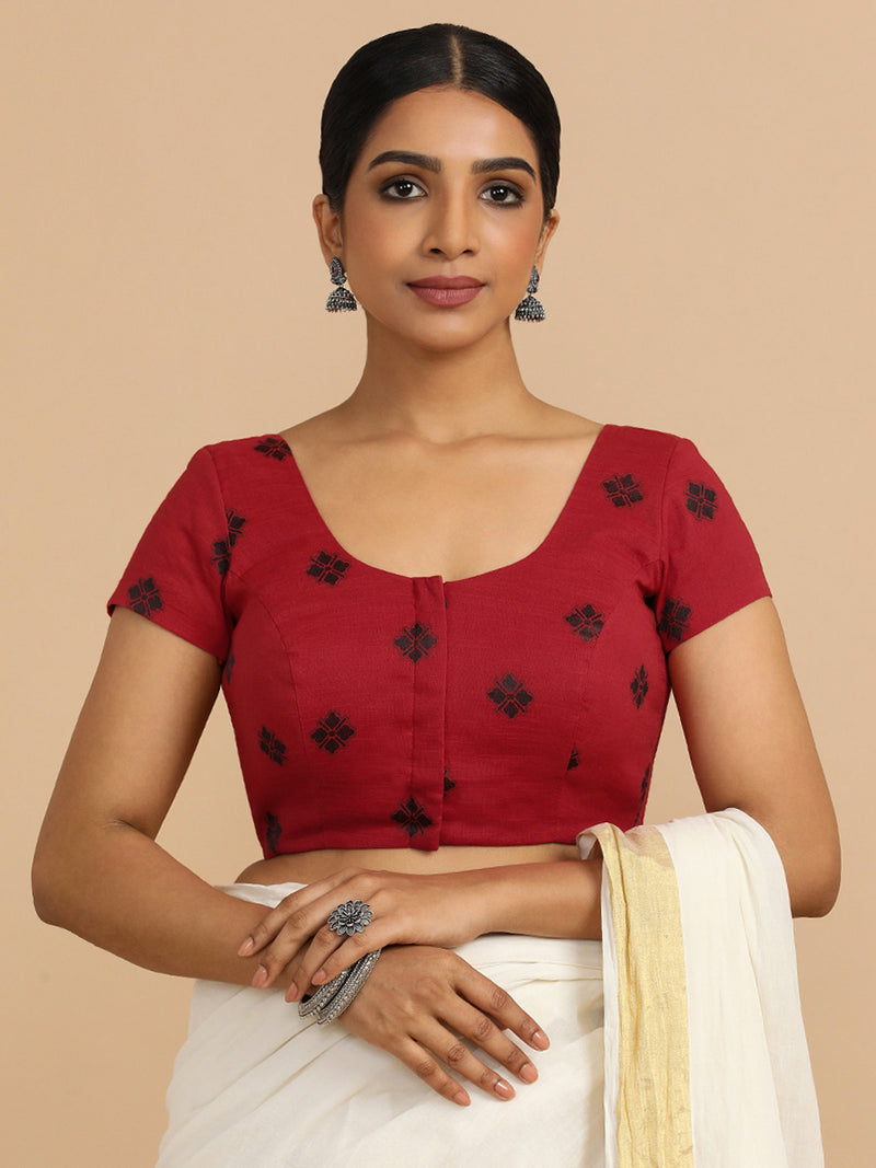 Minoo x Rozaana | Short Sleeves Saree Blouse in Red Jacquard Cotton-Binks