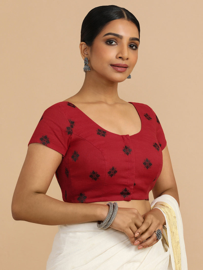 Minoo x Rozaana | Short Sleeves Saree Blouse in Red Jacquard Cotton-Binks