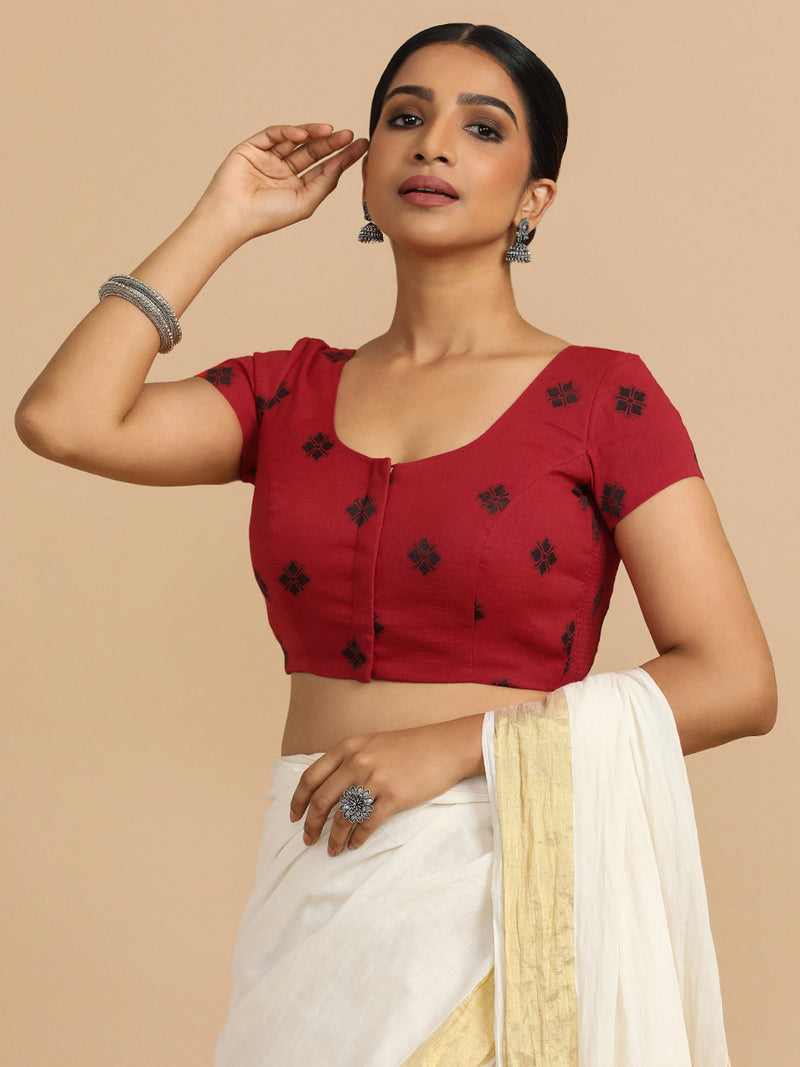 Minoo x Rozaana | Short Sleeves Saree Blouse in Red Jacquard Cotton-Binks