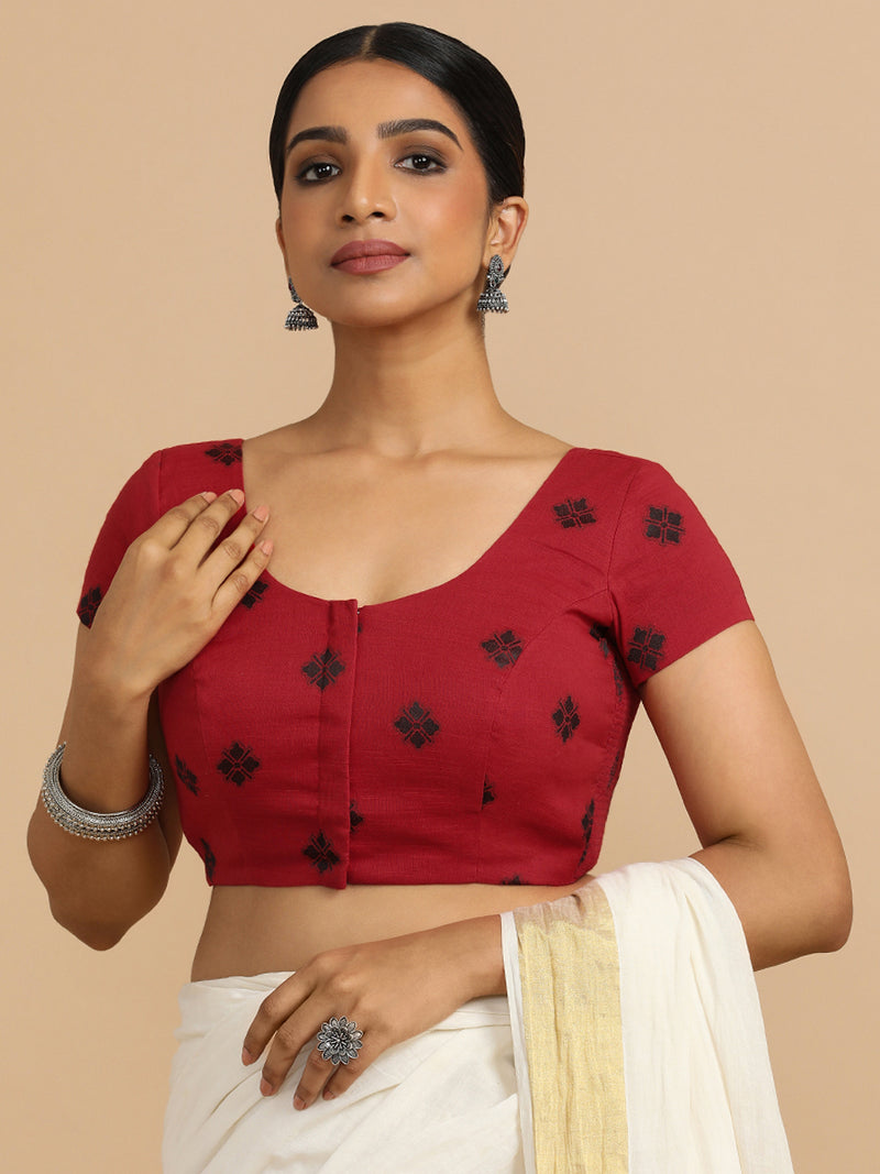 Minoo x Rozaana | Short Sleeves Saree Blouse in Red Jacquard Cotton-Binks