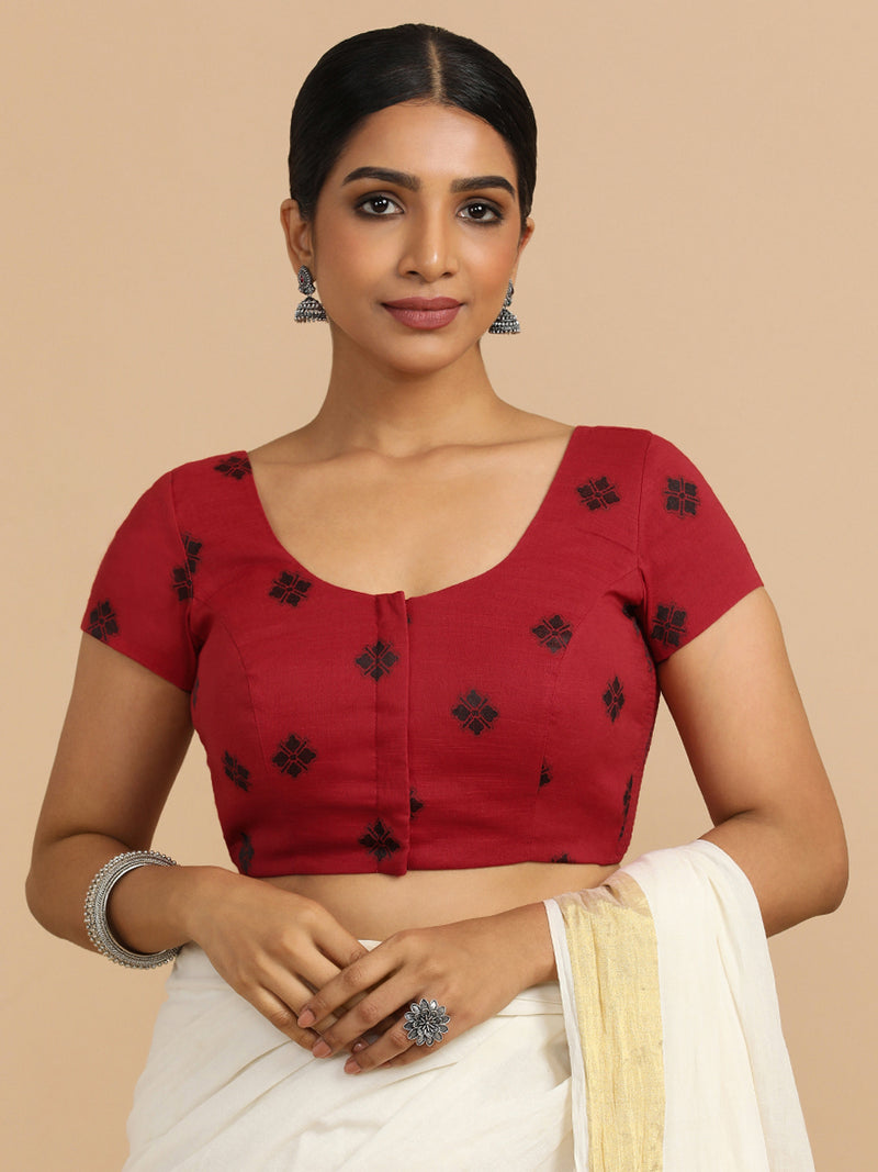 Minoo x Rozaana | Short Sleeves Saree Blouse in Red Jacquard Cotton-Binks