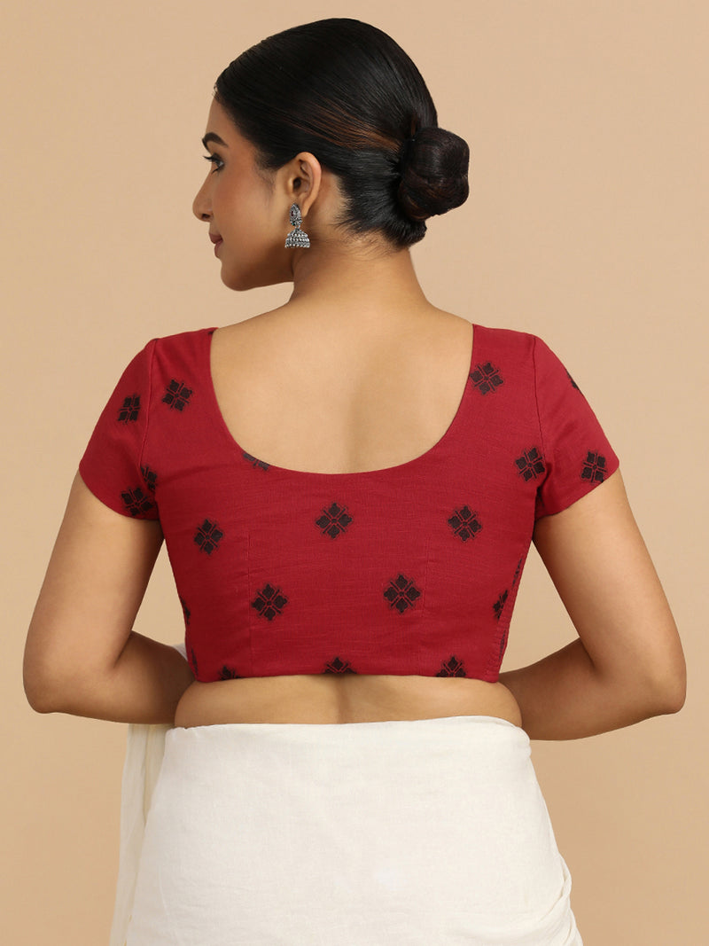 Minoo x Rozaana | Short Sleeves Saree Blouse in Red Jacquard Cotton-Binks