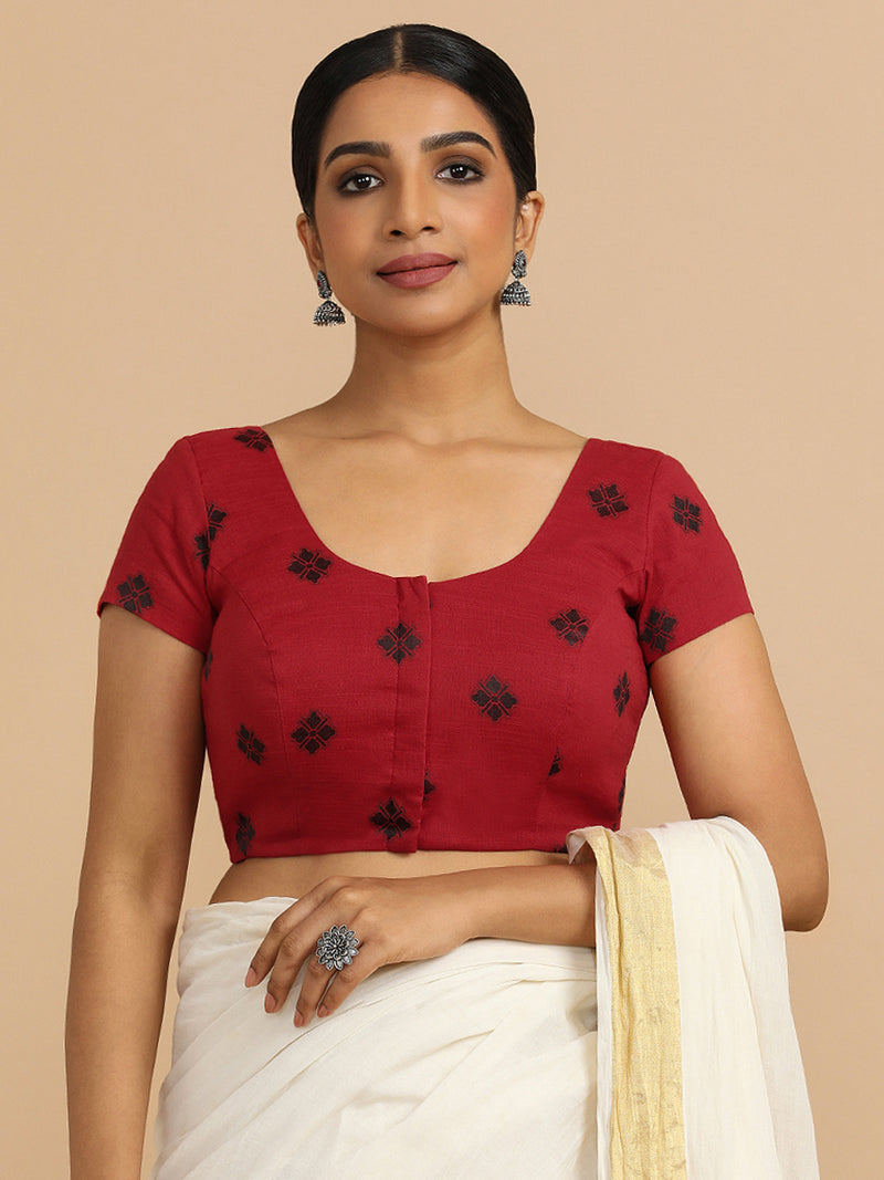 Minoo x Rozaana | Short Sleeves Saree Blouse in Red Jacquard Cotton-Binks