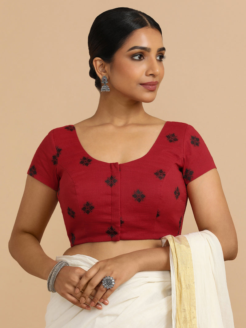 Minoo x Rozaana | Short Sleeves Saree Blouse in Red Jacquard Cotton-Binks