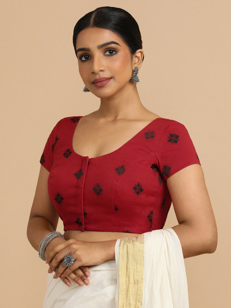 Minoo x Rozaana | Short Sleeves Saree Blouse in Red Jacquard Cotton-Binks