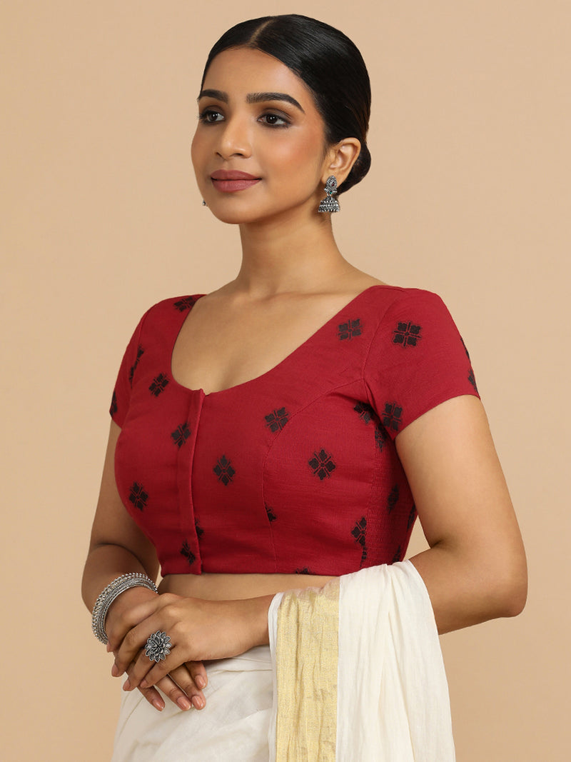 Minoo x Rozaana | Short Sleeves Saree Blouse in Red Jacquard Cotton-Binks
