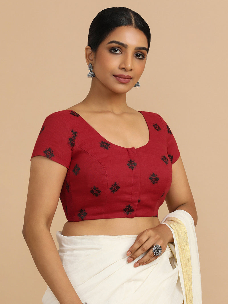 Minoo x Rozaana | Short Sleeves Saree Blouse in Red Jacquard Cotton-Binks