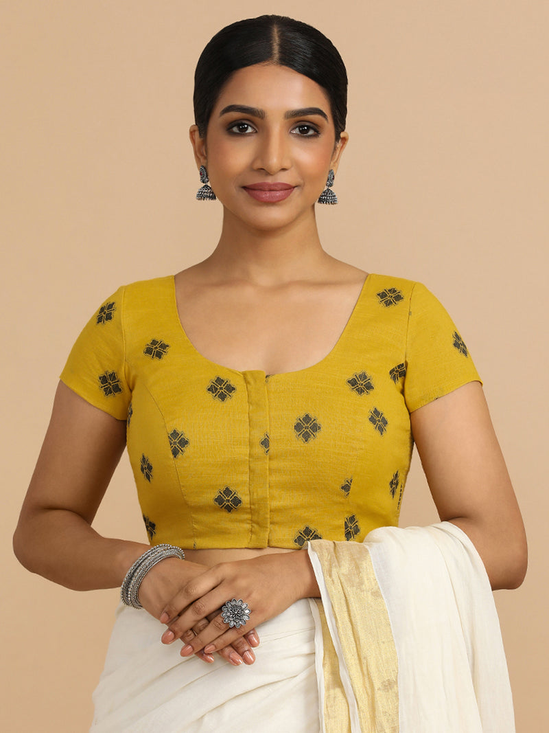 Minoo x Rozaana | Short Sleeves Saree Blouse in Yellow Jacquard Cotton-Binks