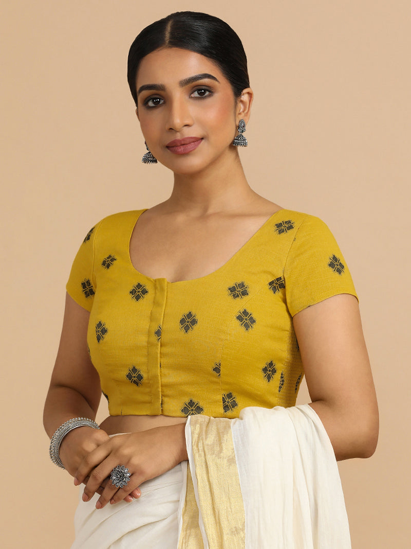 Minoo x Rozaana | Short Sleeves Saree Blouse in Yellow Jacquard Cotton-Binks