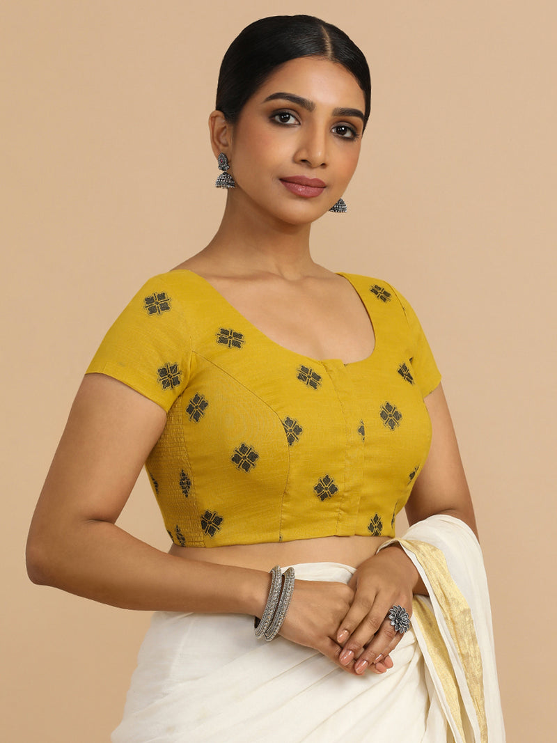 Minoo x Rozaana | Short Sleeves Saree Blouse in Yellow Jacquard Cotton-Binks
