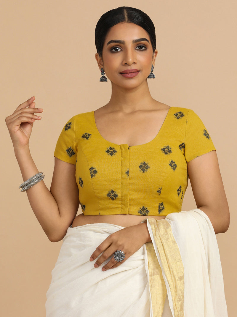 Minoo x Rozaana | Short Sleeves Saree Blouse in Yellow Jacquard Cotton-Binks