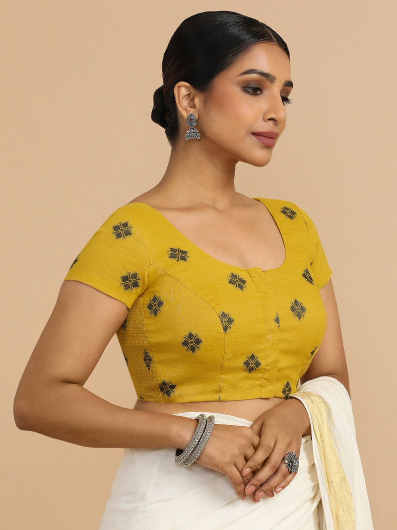 Minoo x Rozaana | Short Sleeves Saree Blouse in Yellow Jacquard Cotton-Binks