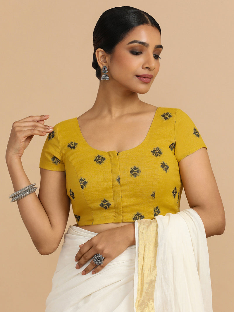 Minoo x Rozaana | Short Sleeves Saree Blouse in Yellow Jacquard Cotton-Binks