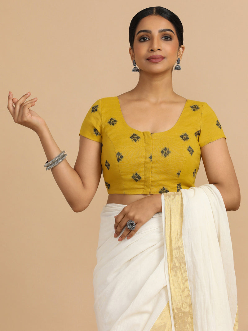 Minoo x Rozaana | Short Sleeves Saree Blouse in Yellow Jacquard Cotton-Binks