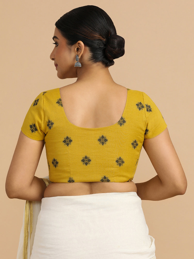 Minoo x Rozaana | Short Sleeves Saree Blouse in Yellow Jacquard Cotton-Binks