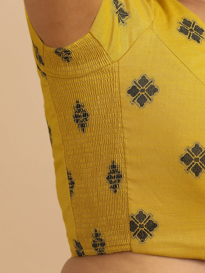 Minoo x Rozaana | Short Sleeves Saree Blouse in Yellow Jacquard Cotton-Binks