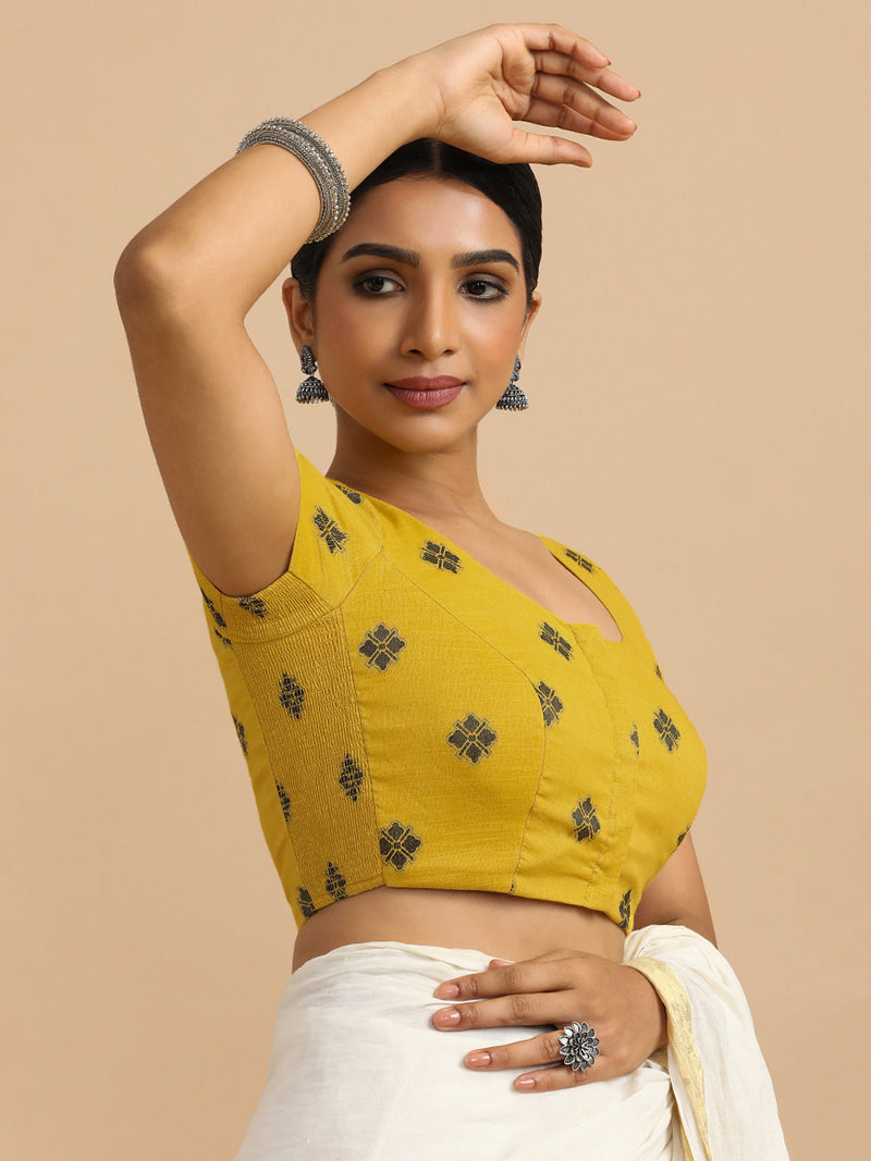 Minoo x Rozaana | Short Sleeves Saree Blouse in Yellow Jacquard Cotton-Binks