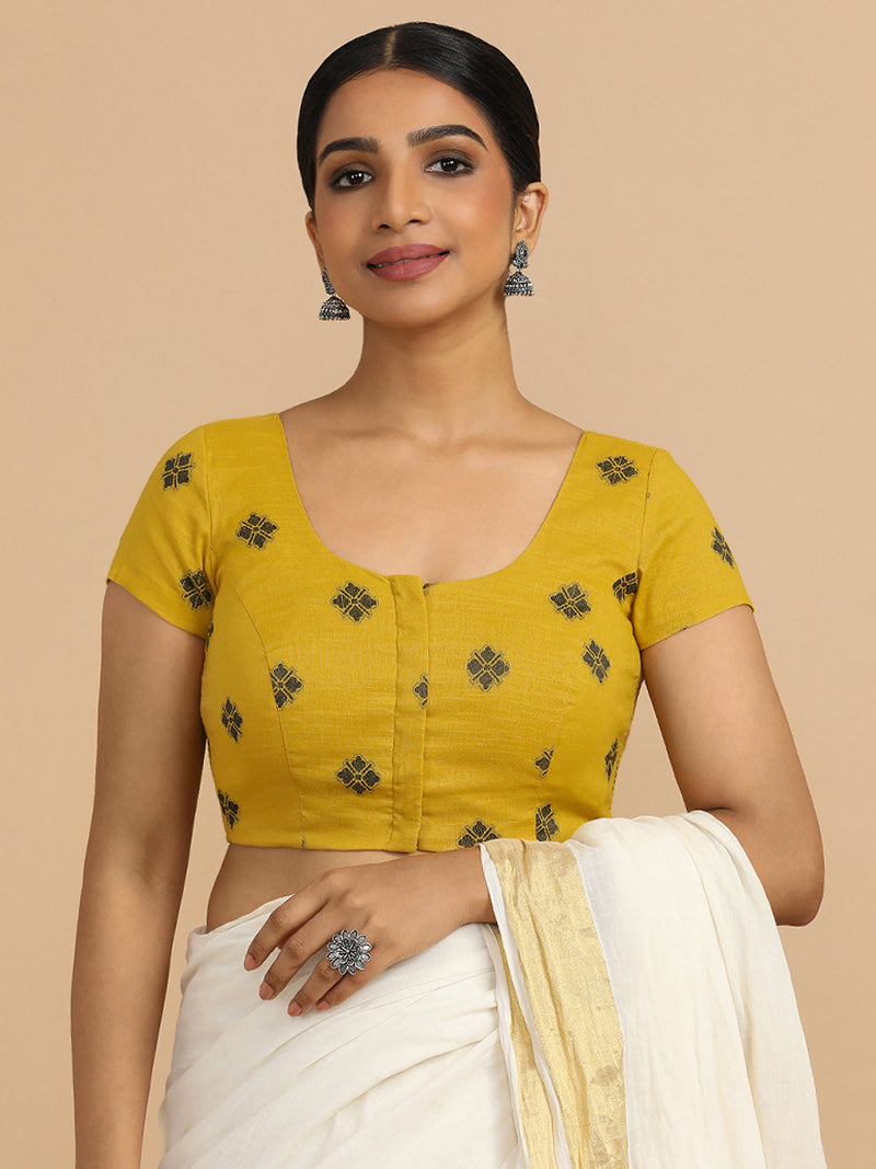 Minoo x Rozaana | Short Sleeves Saree Blouse in Yellow Jacquard Cotton-Binks