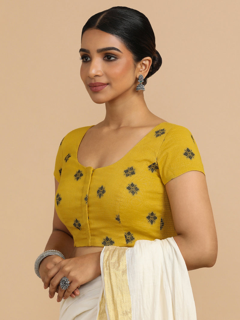 Minoo x Rozaana | Short Sleeves Saree Blouse in Yellow Jacquard Cotton-Binks