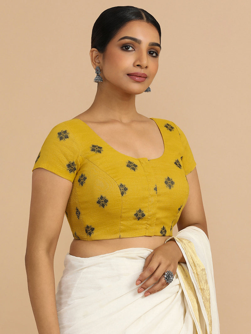 Minoo x Rozaana | Short Sleeves Saree Blouse in Yellow Jacquard Cotton-Binks