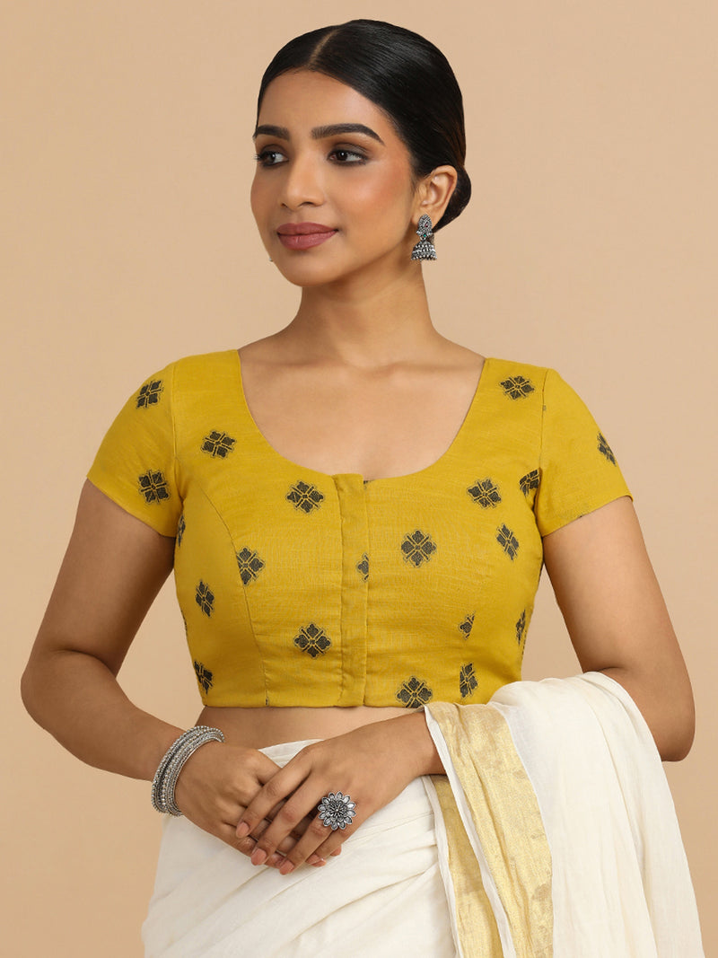 Minoo x Rozaana | Short Sleeves Saree Blouse in Yellow Jacquard Cotton-Binks